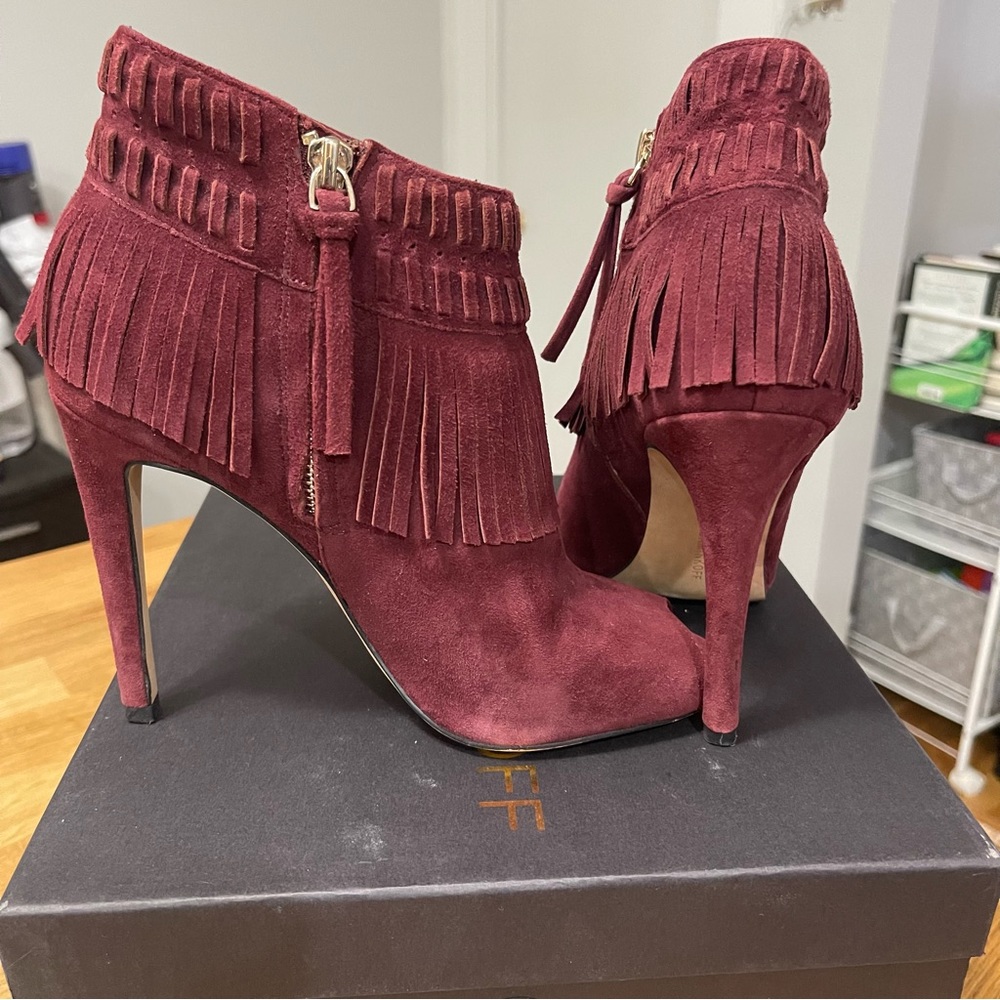 Rebecca Minkoff Women's Rio Fringe Open Toe Booties, Port - Picture 9 of 10